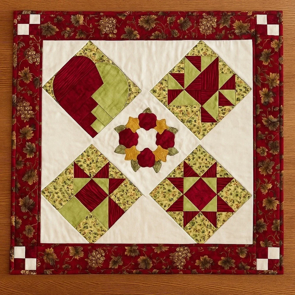 Handmade Patchwork Quilt with Appliqué 44”x44” Wall Hanging or Table Topper